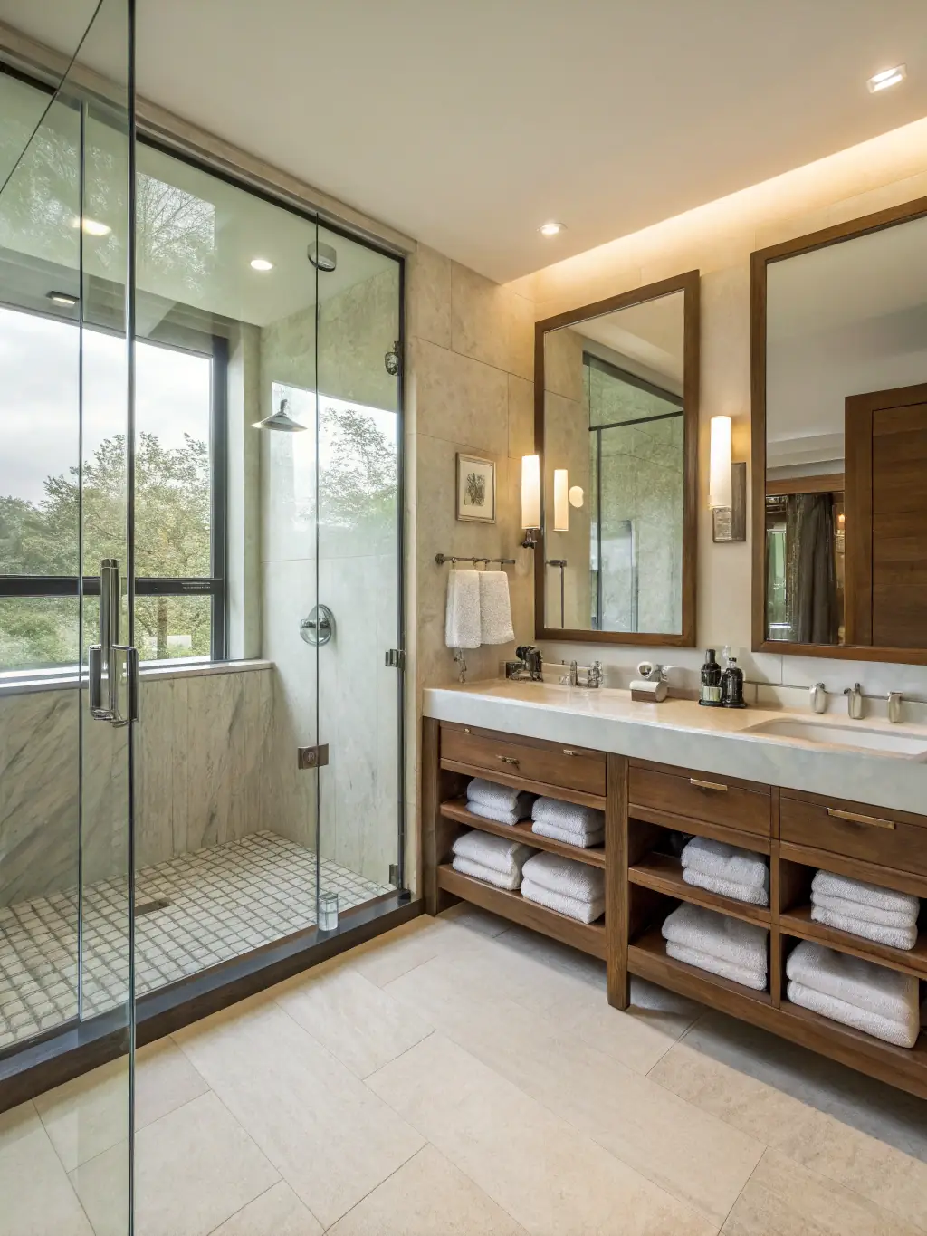 A sleek, contemporary bathroom with a walk-in shower and modern fixtures, highlighting Portland Remodeling Crew's bathroom remodeling expertise.