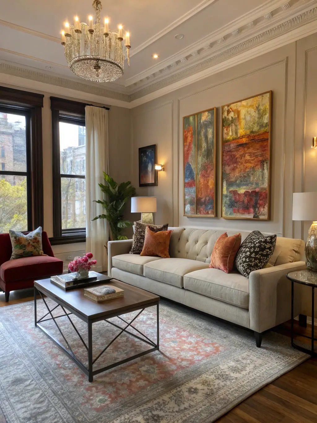 A cozy and stylish living room with new flooring, fresh paint, and updated lighting, showcasing Portland Remodeling Crew's interior remodeling services.