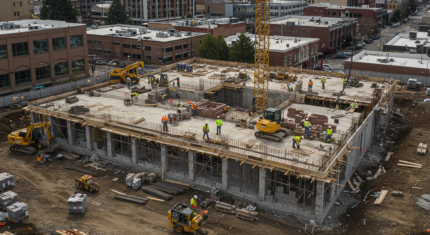 A bustling construction site in Salem, OR, with workers actively engaged in various tasks, showcasing the dynamic nature of construction.