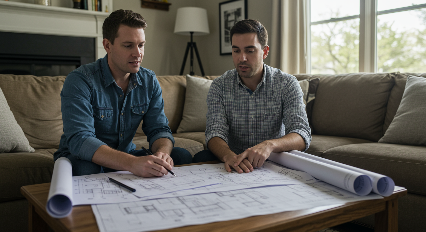 A friendly contractor discussing plans with a homeowner in a cozy living room setting. Blueprints and renovation ideas are spread out on a coffee table, highlighting collaboration and affordability.
