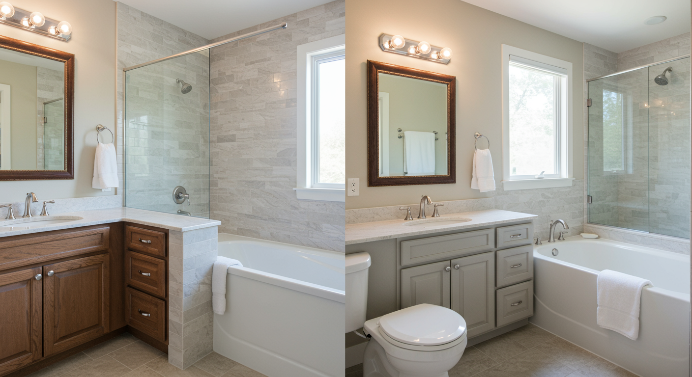 A before-and-after comparison of a bathroom remodel, showcasing the dramatic changes in design and functionality. The image highlights the potential of remodeling to enhance a home's value.