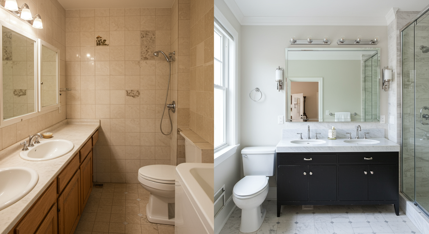 A side-by-side comparison of a bathroom before and after renovation. The 'before' shows a cramped, outdated bathroom, while the 'after' showcases a spacious, modern bathroom with elegant fixtures and a stylish design.