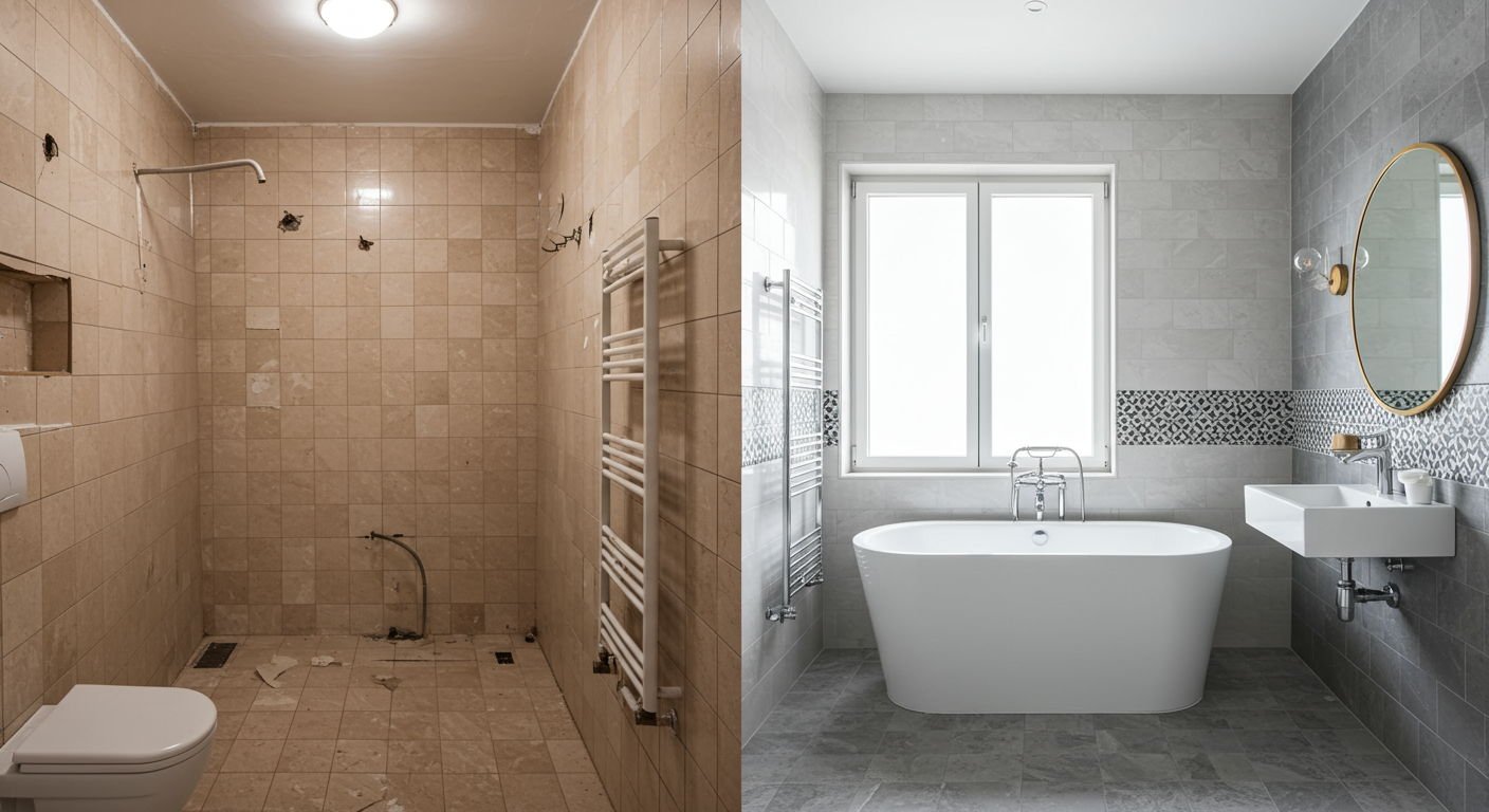 A side-by-side comparison of a small, cramped bathroom before renovation and a spacious, luxurious bathroom after. The 'before' side shows old tiles and fixtures, while the 'after' side displays a sleek design with a freestanding tub, elegant tiles, and modern lighting.