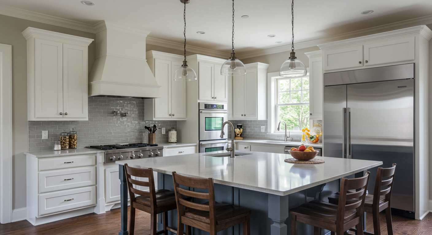 A beautifully designed kitchen featuring an open layout, modern appliances, and elegant finishes. The image highlights the aesthetics of a well-planned kitchen remodel.