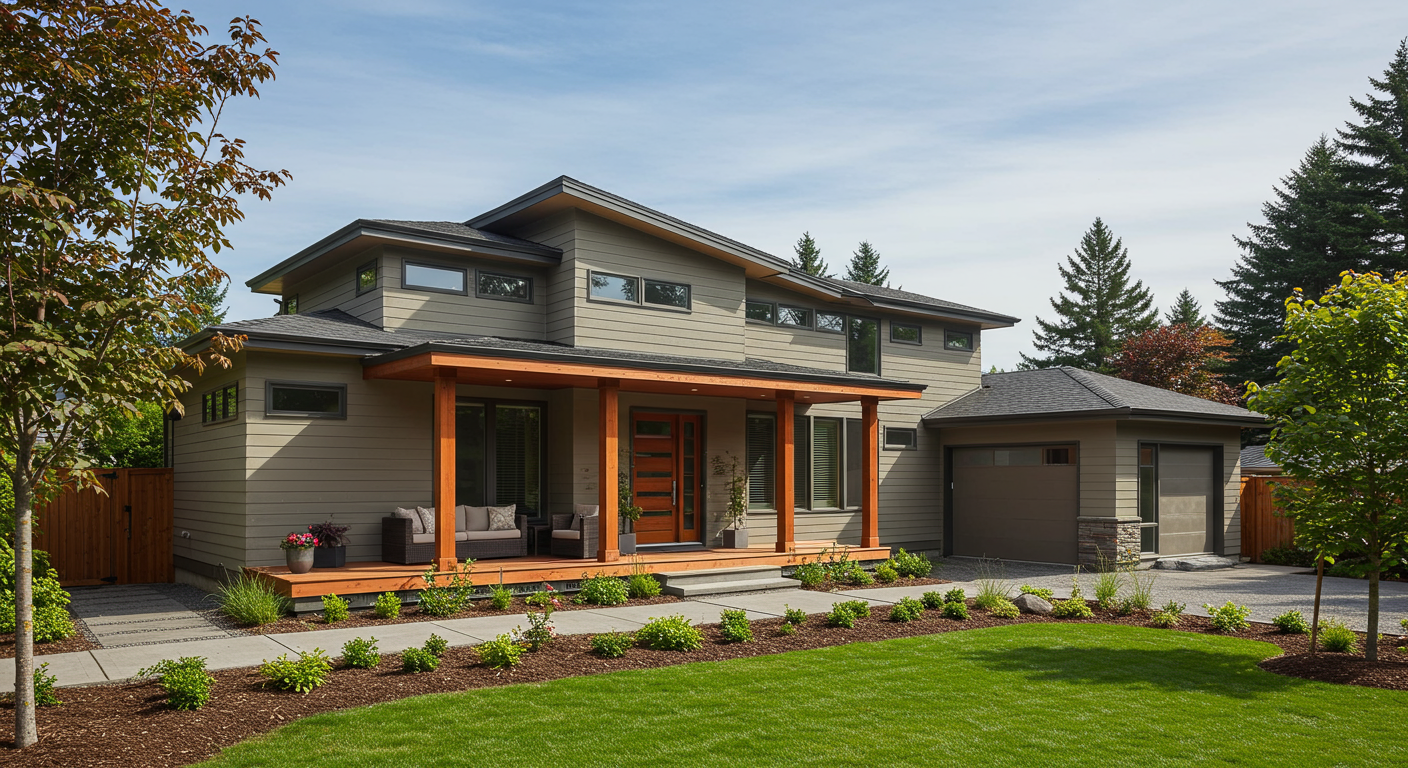 A completed residential construction project in Beaverton, featuring a modern home with landscaping and a welcoming front porch.