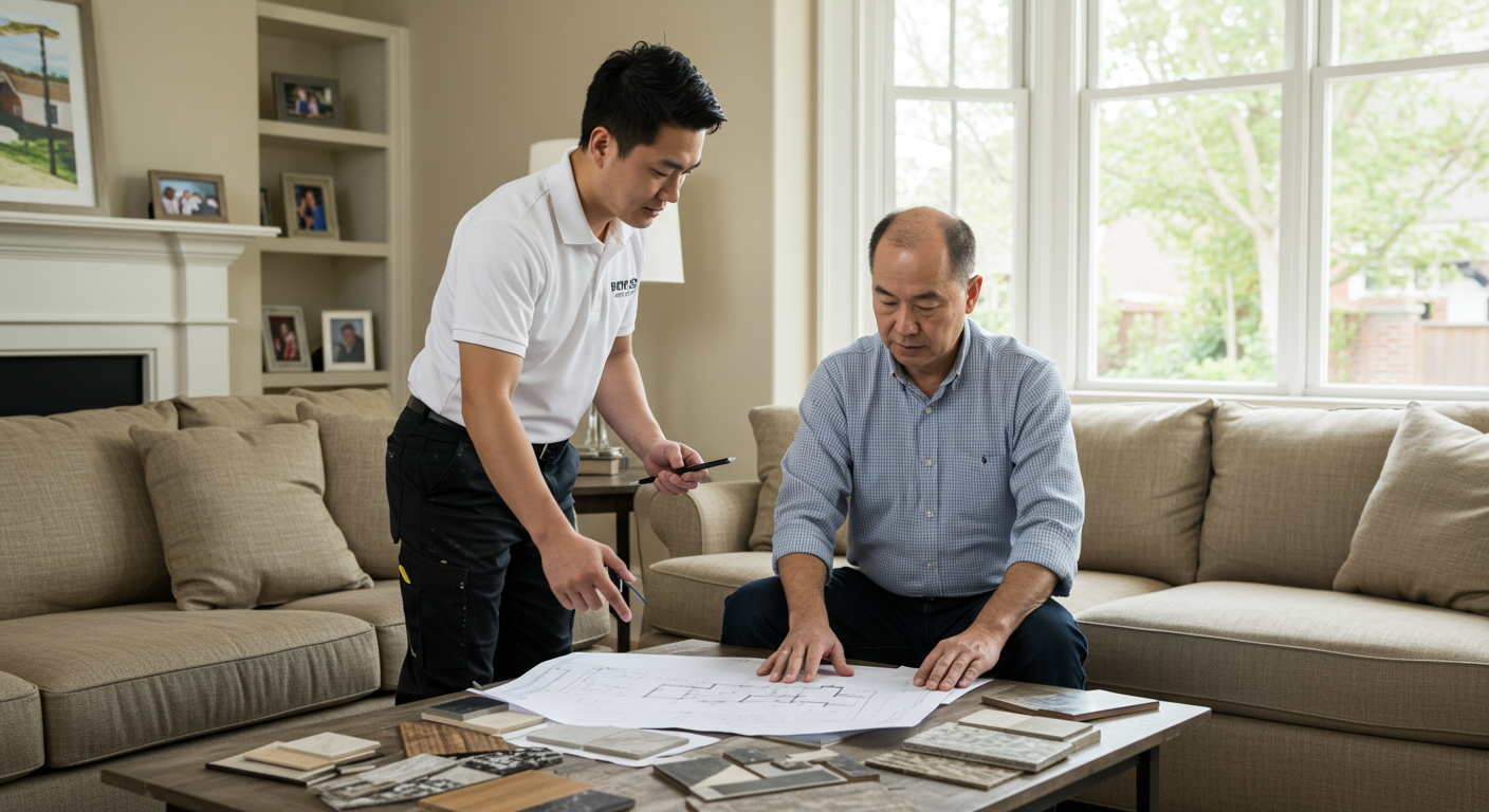 A skilled contractor discussing plans with a homeowner in a cozy living room, showcasing blueprints and samples of materials.