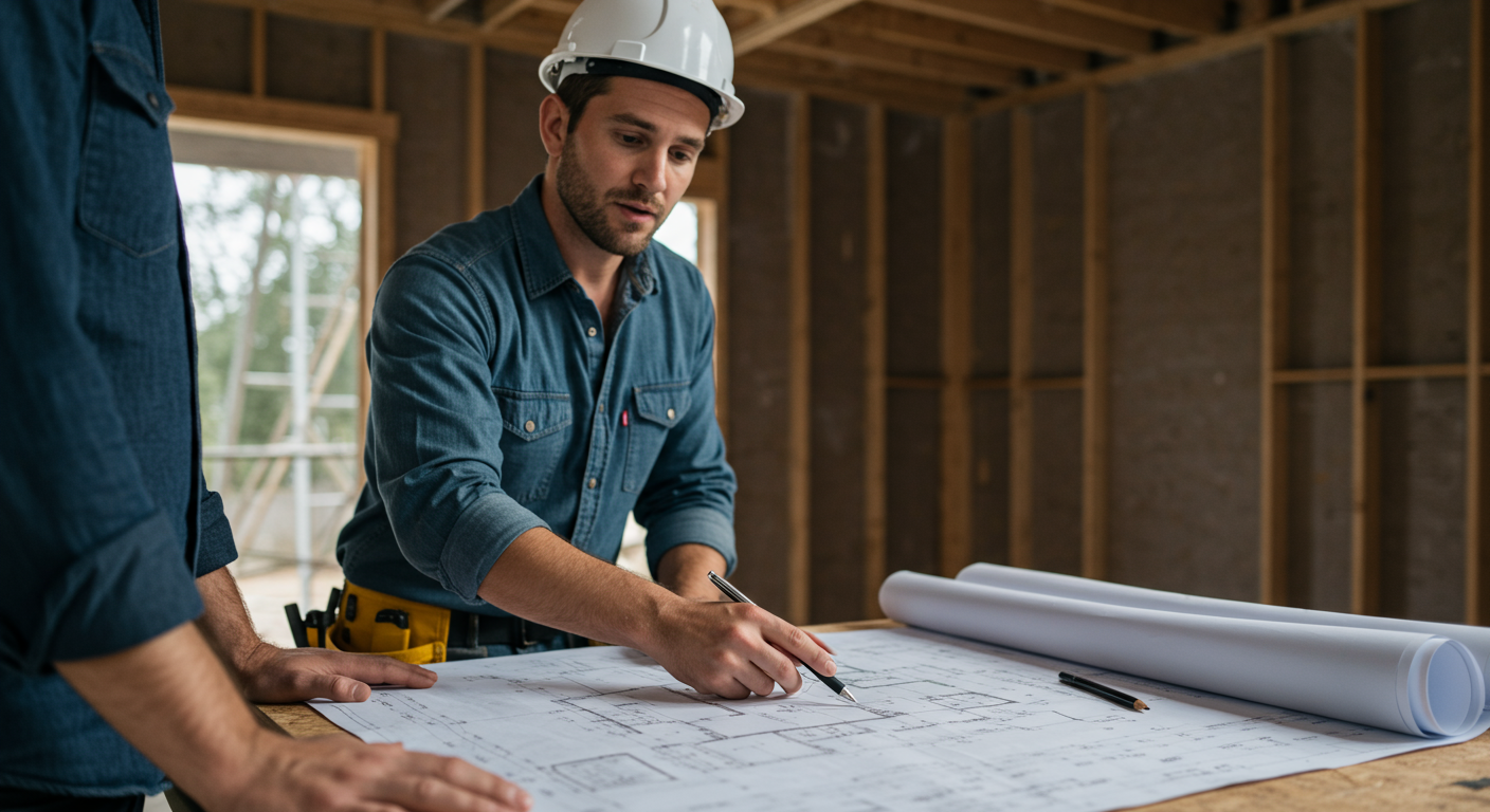 A skilled general contractor discussing plans with a homeowner at a construction site, with blueprints spread out on a table. The background shows a partially renovated home.