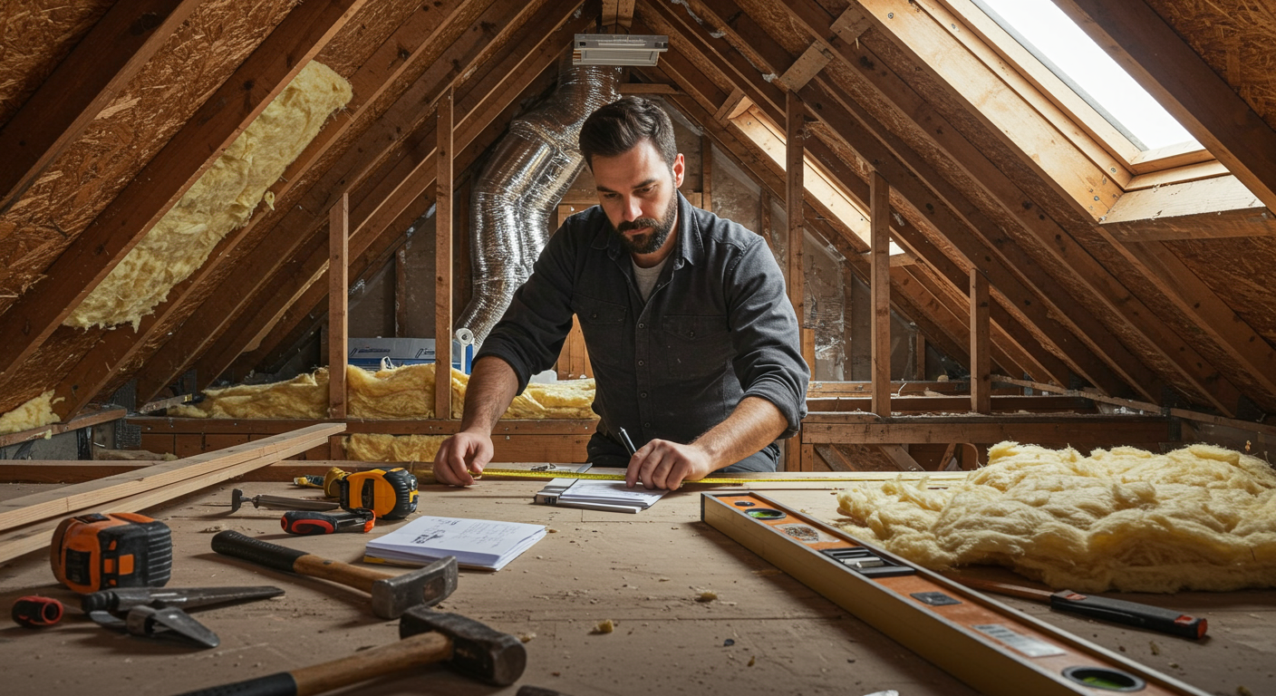 A professional contractor measuring and inspecting an attic space filled with tools and materials, showcasing the renovation process.