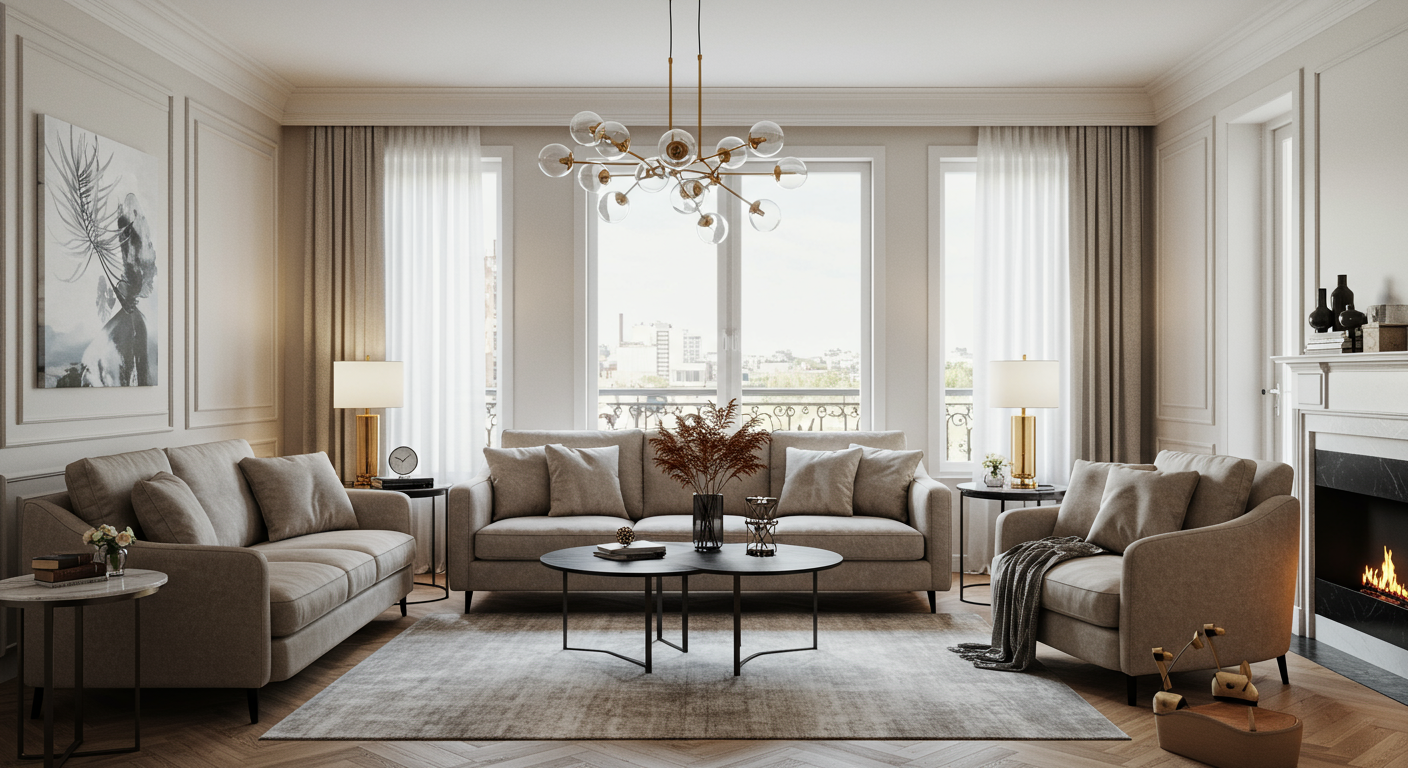 A beautifully designed living room featuring modern furniture, large windows, and elegant decor. The space should reflect a blend of comfort and style, showcasing a well-thought-out design.