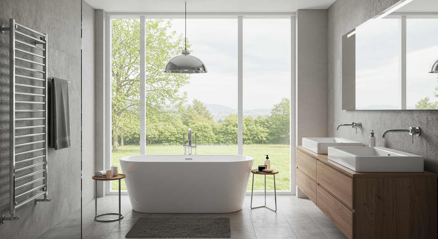 A beautifully designed modern bathroom featuring a freestanding soaking tub, sleek vanity, and stylish fixtures. The space is bright and airy, showcasing a harmonious blend of colors and textures.