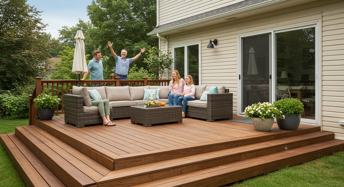 A family enjoying their newly renovated deck, complete with outdoor furniture and greenery.