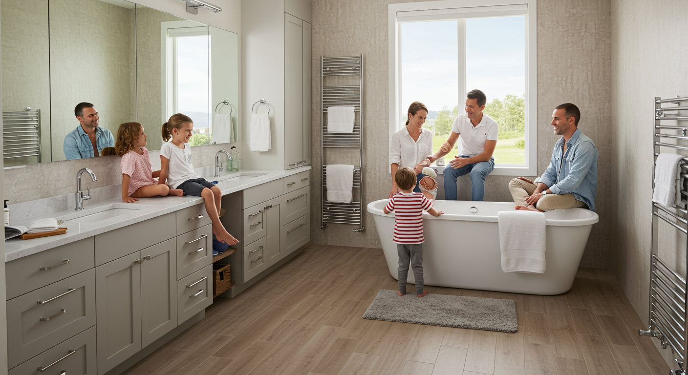 A family enjoying their newly remodeled bathroom, with children playing and parents relaxing. The bathroom features modern design elements and a warm, inviting atmosphere.