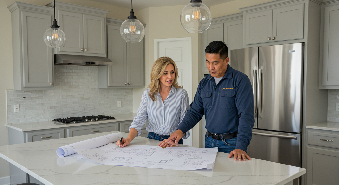 A skilled contractor discussing renovation plans with a homeowner in a beautifully renovated kitchen, showcasing modern appliances and stylish decor.