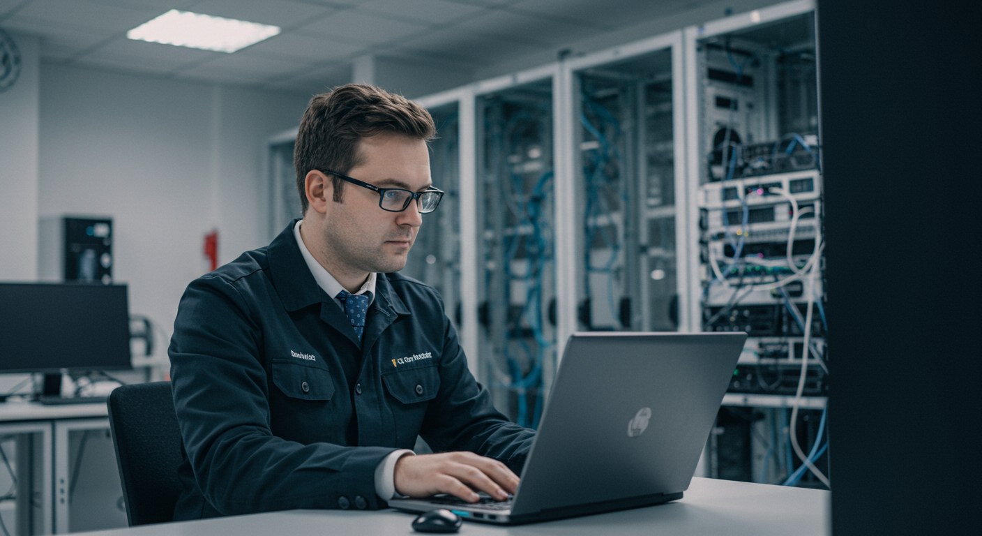 A professional IT contractor working on a laptop in a modern office setting, surrounded by technology equipment like servers and networking devices.