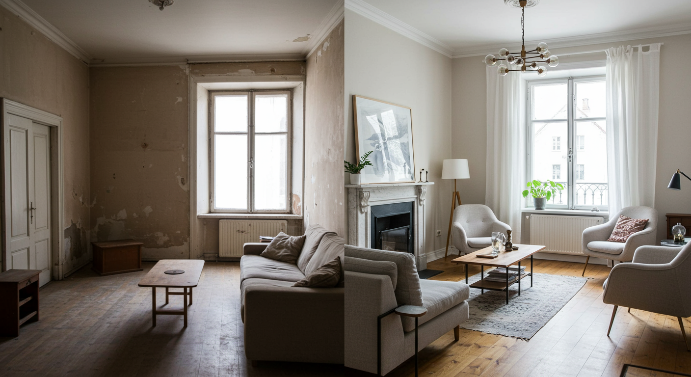 A before-and-after comparison of a living room renovation, with one side showing the original outdated space and the other side displaying a modern, inviting design with new furnishings and decor.