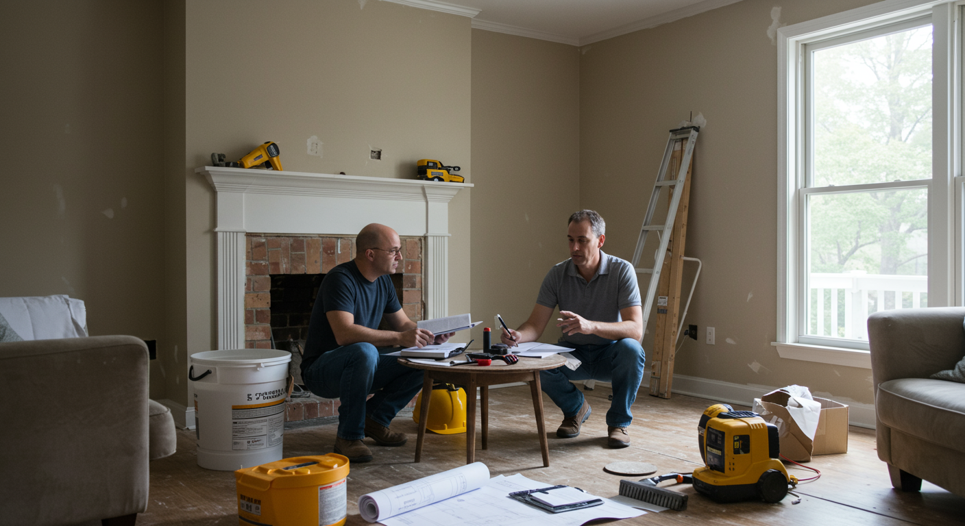 A cozy living room during the remodeling process, with construction tools and materials scattered around. The image shows a contractor discussing plans with homeowners, emphasizing collaboration and the renovation journey.