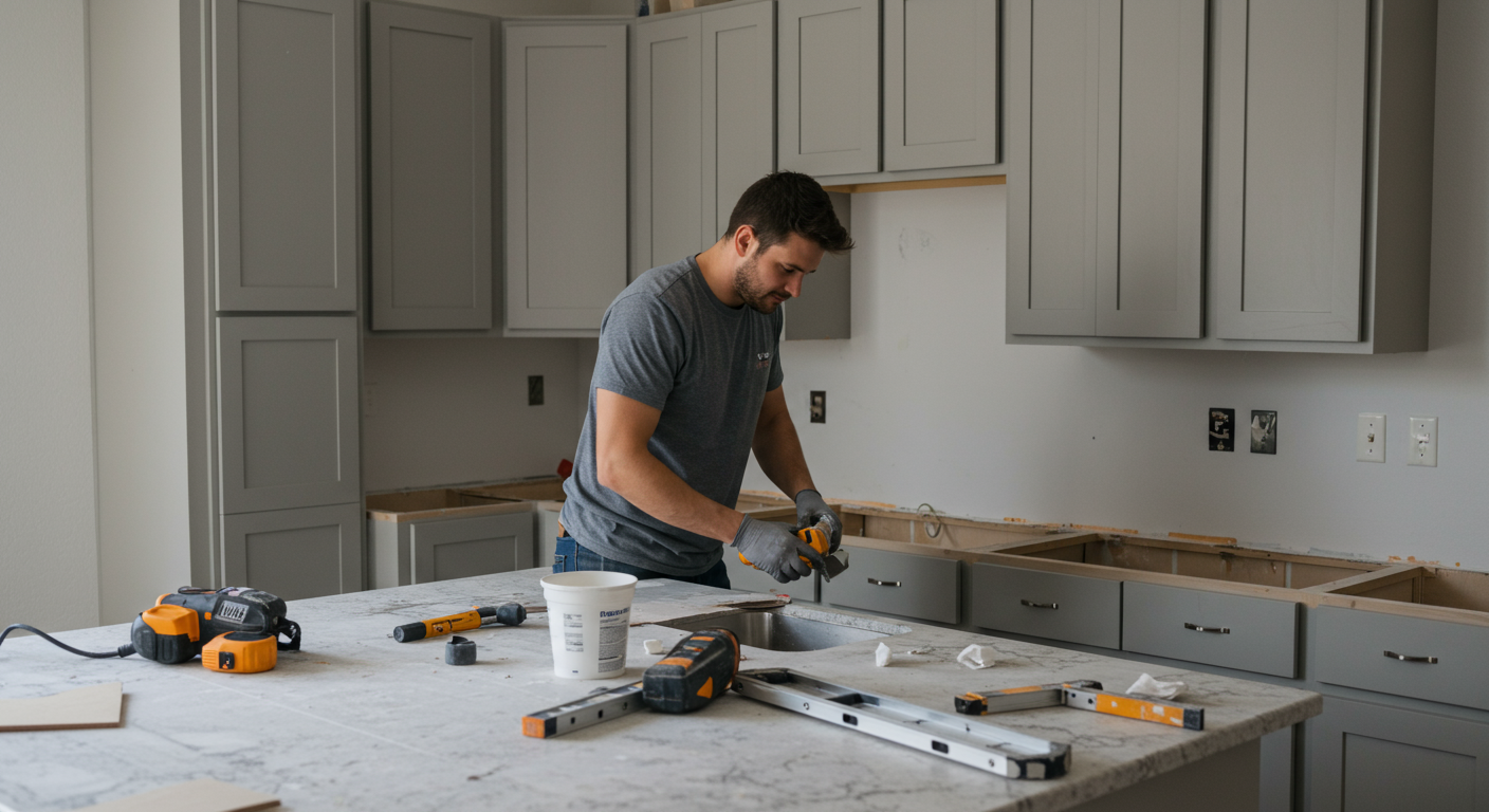 A skilled local builder working on a kitchen renovation, showcasing modern appliances and stylish cabinetry. The builder is focused on installing a new countertop, with tools and materials visible around.
