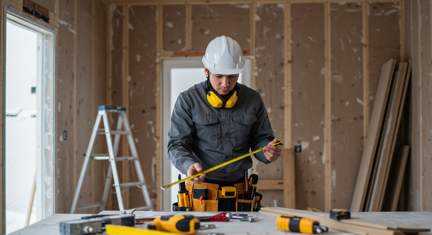A skilled contractor in a hard hat and safety gear is seen measuring and inspecting a home renovation project. Tools and materials are scattered around, showcasing an active worksite.