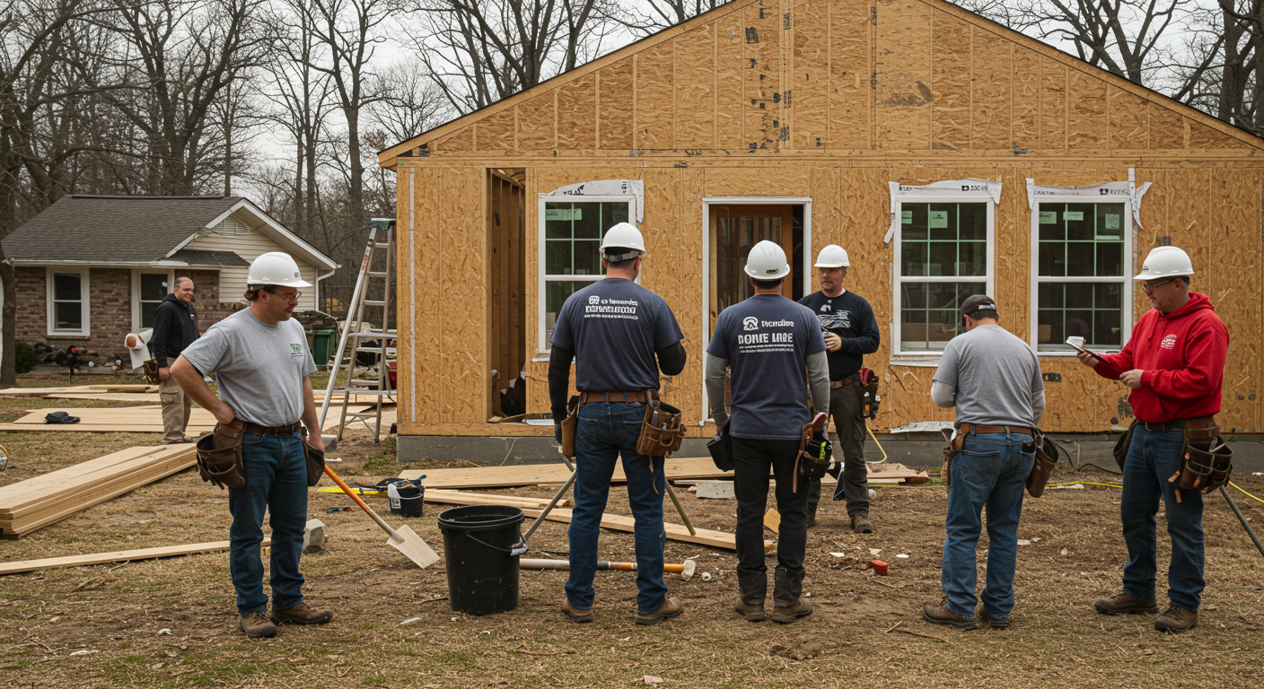 A group of local remodelers working together on a home renovation project, set against the backdrop of a friendly neighborhood, highlighting community engagement in home improvement.
