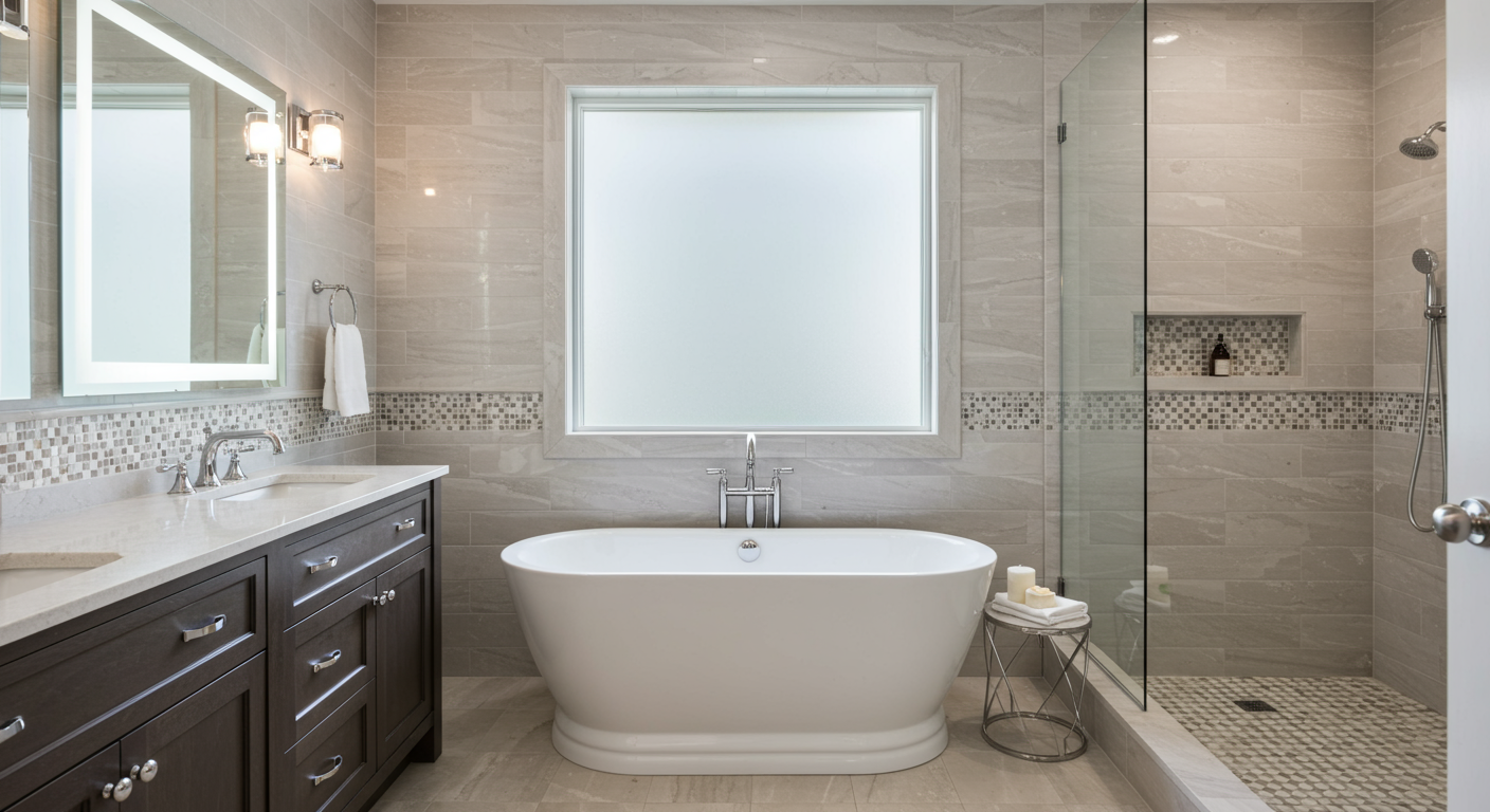 A luxurious bathroom remodel featuring a freestanding soaking tub, modern fixtures, and elegant tile work.
