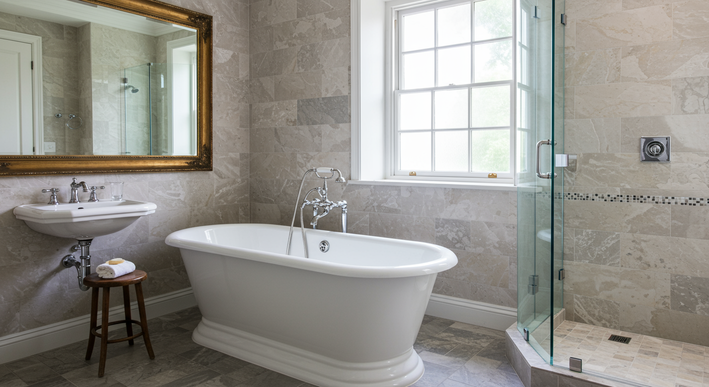 A luxurious bathroom remodel showcasing a freestanding soaking tub, elegant fixtures, and stylish tile work.
