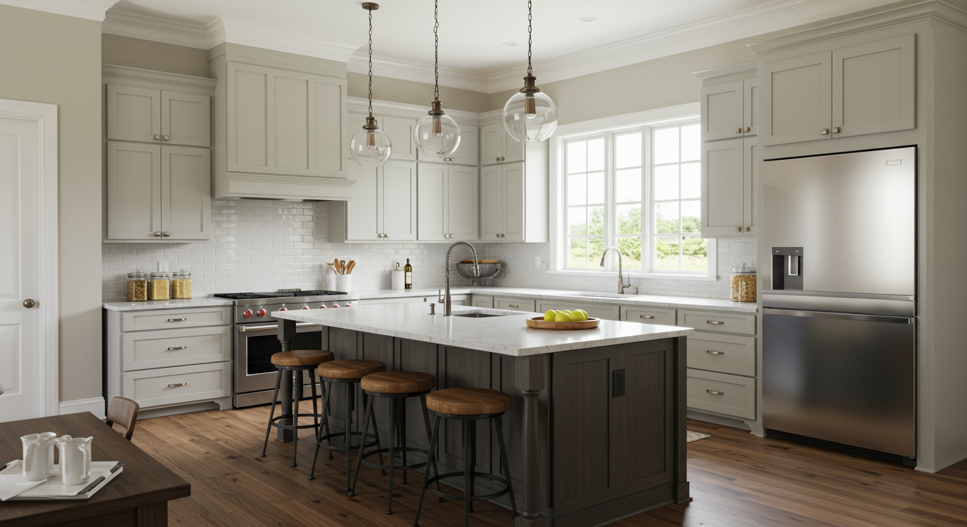 A beautifully remodeled kitchen showcasing modern cabinetry, a spacious island, and stylish lighting fixtures.