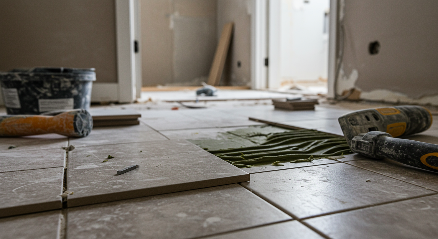 A close-up of a contractor working on a bathroom remodel, focusing on the installation of new tiles. Tools and materials are neatly arranged, and the background shows a partially renovated bathroom, emphasizing the remodeling process.
