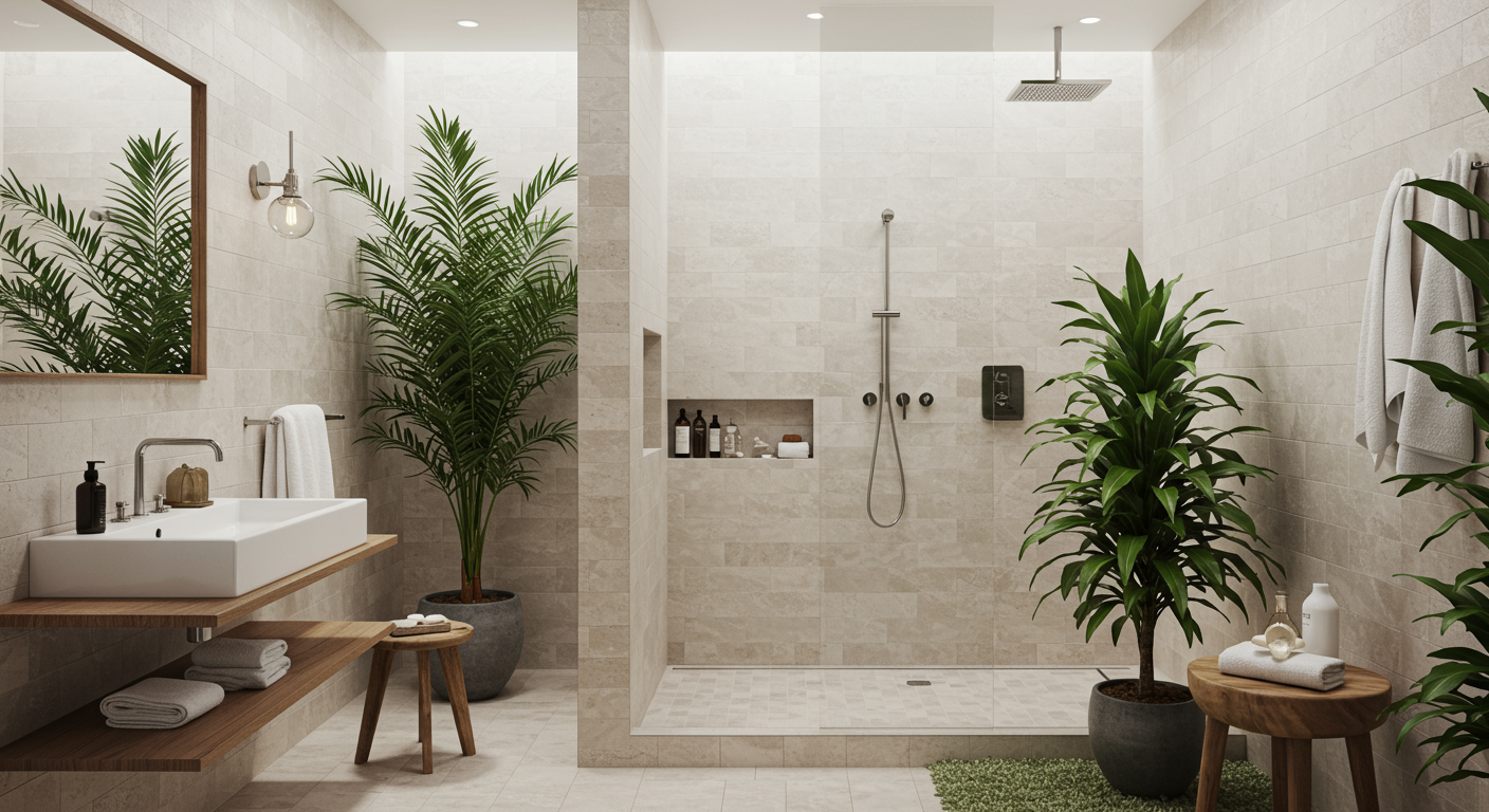 A serene and inviting bathroom space featuring a large walk-in shower, elegant tile work, and lush greenery. The image conveys a spa-like atmosphere perfect for relaxation.