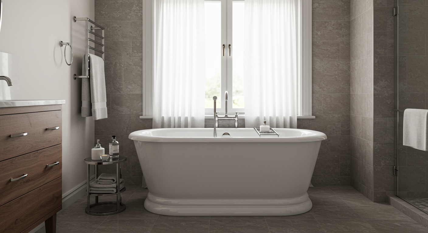 A beautifully remodeled bathroom featuring a freestanding tub, elegant fixtures, and modern decor.