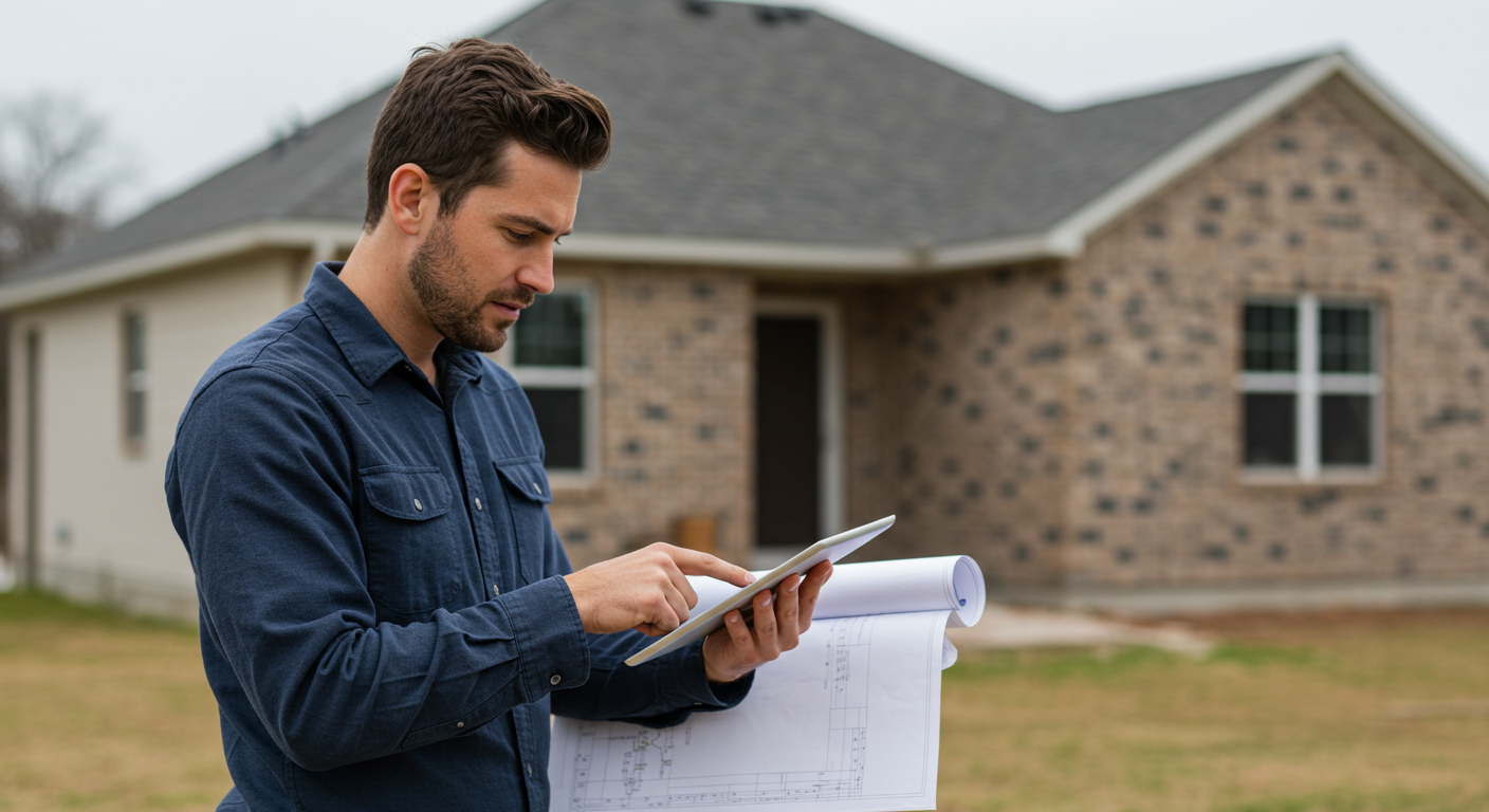 A contractor reviewing plans on a tablet while standing in front of a house undergoing renovations. This highlights modern technology in home improvement.
