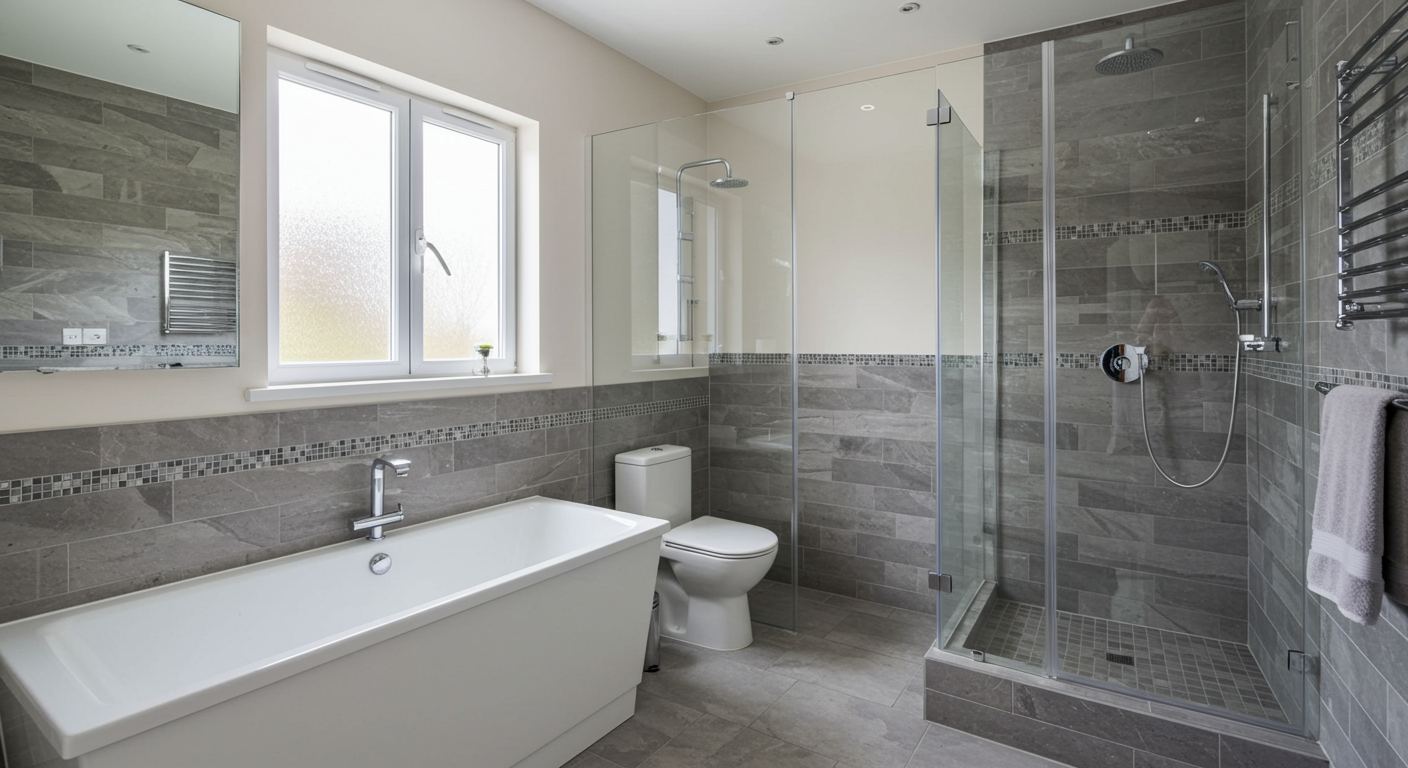 A modern bathroom featuring a walk-in shower, elegant fixtures, and contemporary tile work.