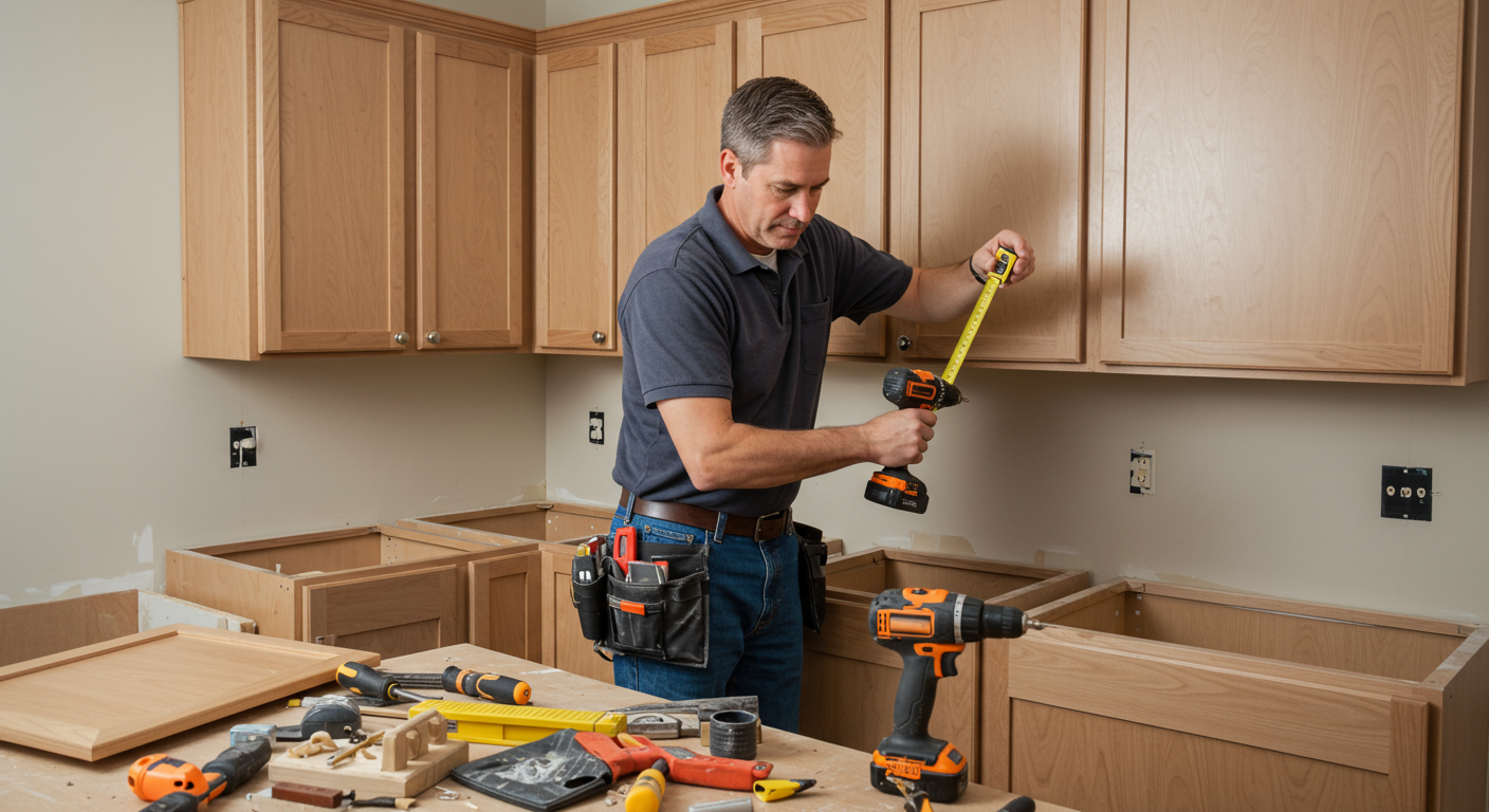A skilled contractor working on a home renovation, installing cabinetry in a kitchen with tools and materials around.