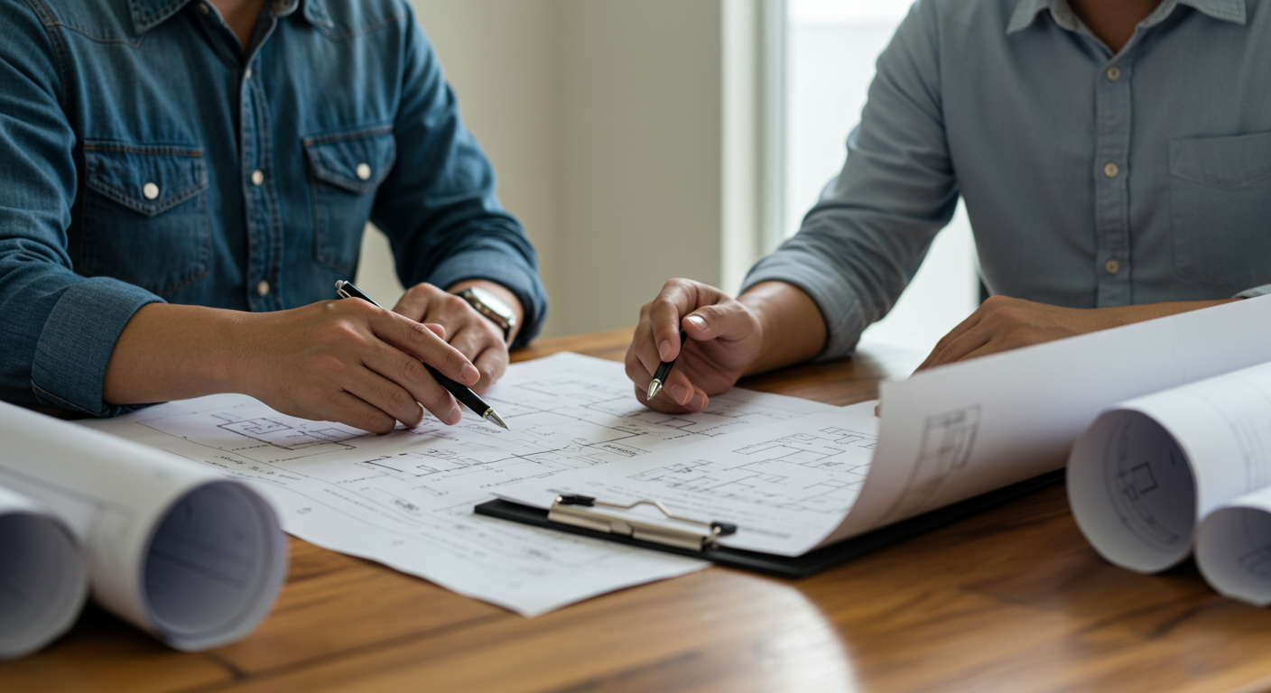 A contractor is sitting at a table with a homeowner, discussing plans and reviewing blueprints. The focus is on collaboration and communication between the contractor and the client.