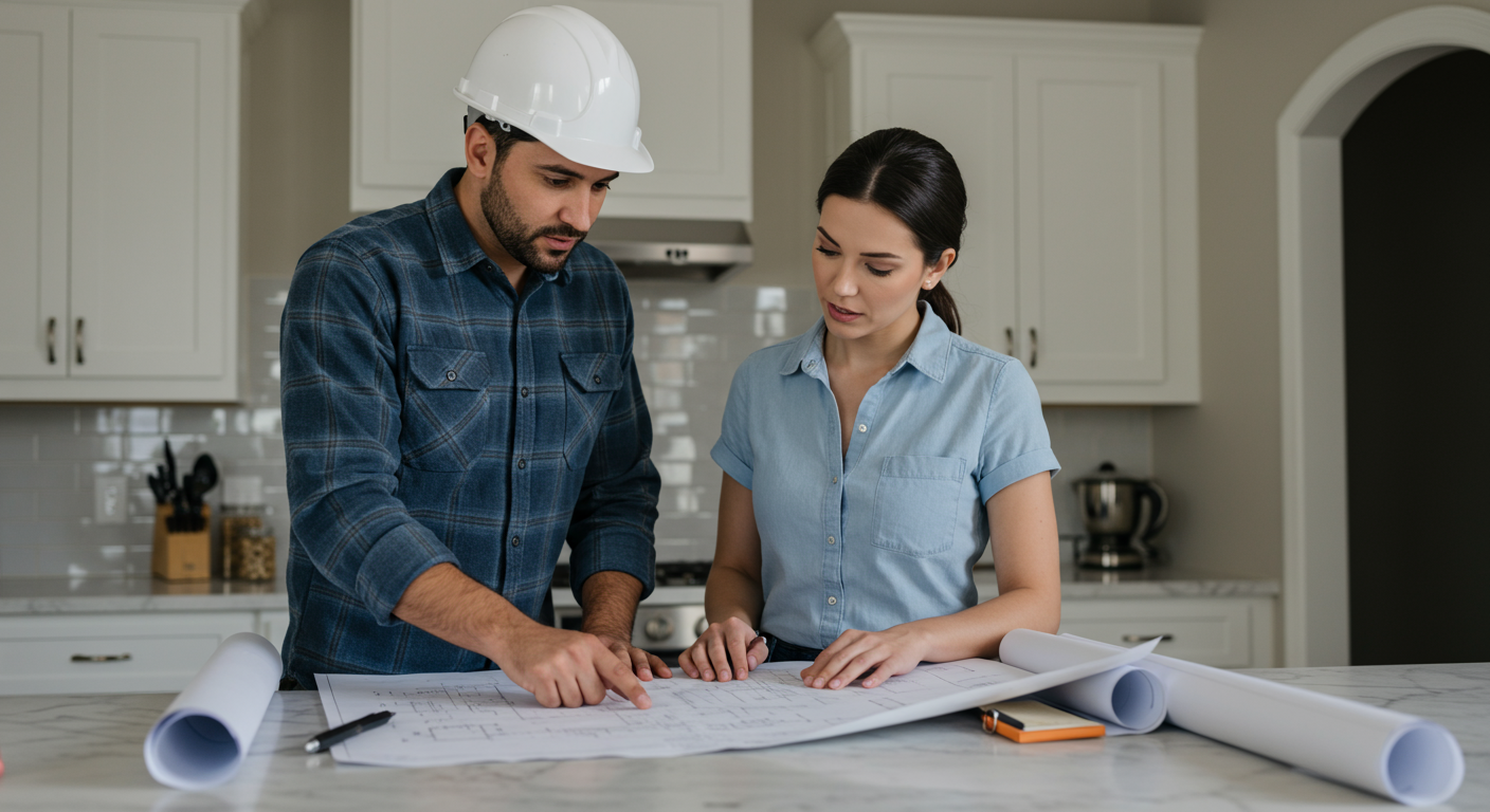 A skilled contractor discussing plans with a homeowner in a beautifully renovated kitchen.