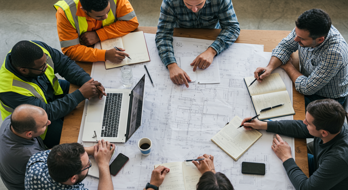 A group of local contractors gathered around a table, discussing a project with blueprints and laptops open. They are diverse in background, showcasing teamwork and collaboration.