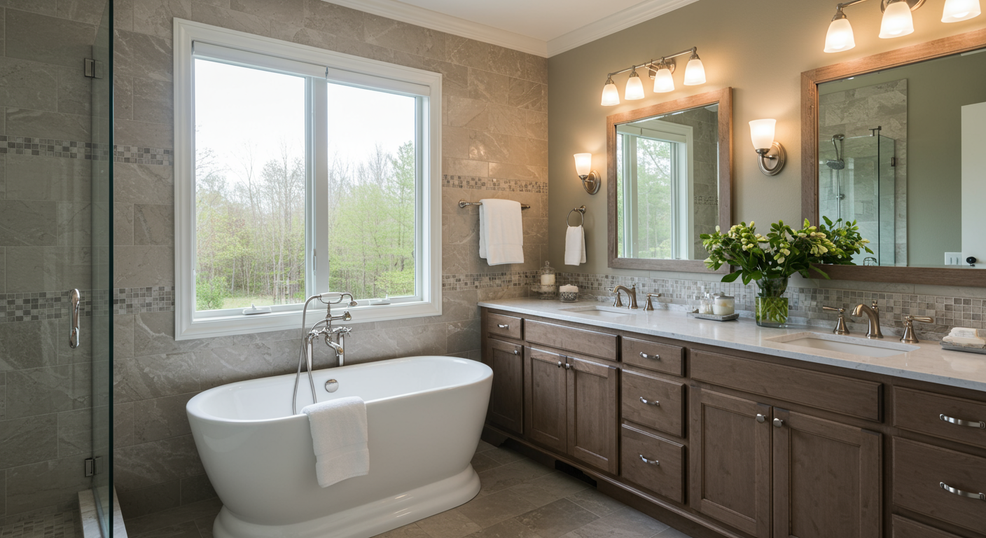 A luxurious bathroom remodel showcasing a freestanding bathtub, dual sinks with modern fixtures, and elegant tile work. Soft lighting and greenery add a spa-like feel, making it a perfect retreat for families.