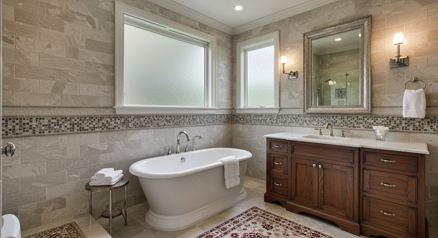 A luxurious bathroom remodel showcasing a freestanding soaking tub, elegant tile work, and stylish fixtures. Soft lighting enhances the tranquil ambiance, making it a perfect retreat.