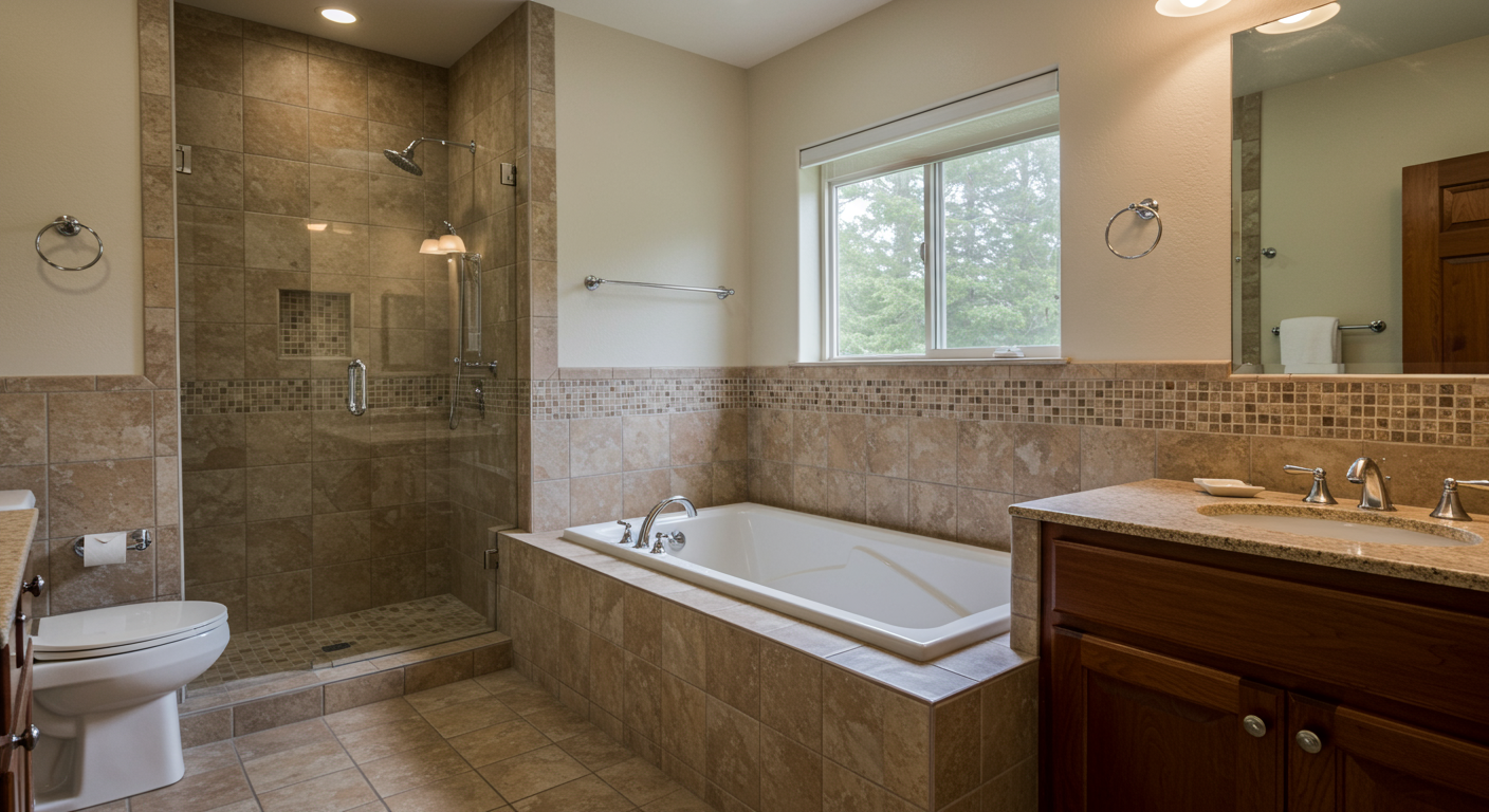 A luxurious bathroom featuring a soaking tub, elegant tiles, and modern fixtures.