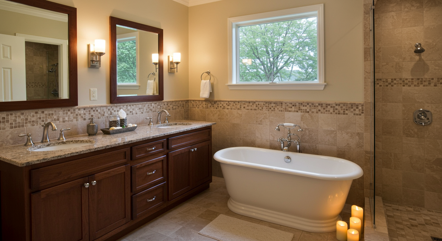 A luxurious bathroom upgrade with a freestanding soaking tub, double vanity, and elegant tile work. The image captures the serene atmosphere, with candles and soft lighting creating a spa-like feel.