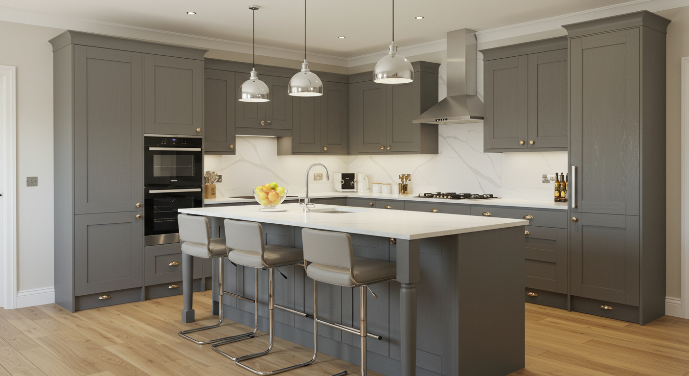 A beautifully designed modern kitchen featuring sleek cabinetry, a large island with bar stools, and elegant lighting fixtures. The kitchen showcases a blend of contemporary materials like quartz countertops and stainless steel appliances.