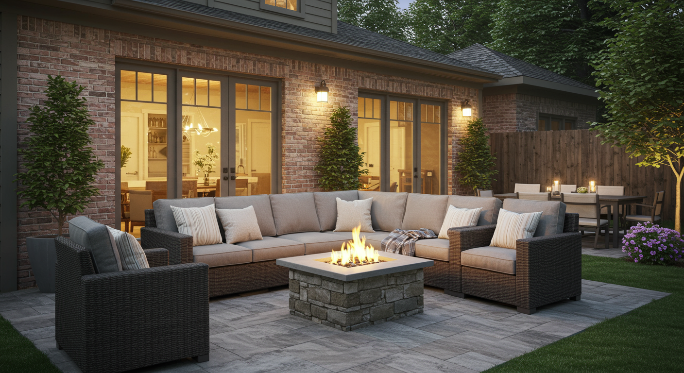 A beautifully remodeled outdoor patio area featuring a cozy seating arrangement, a fire pit, and lush landscaping.