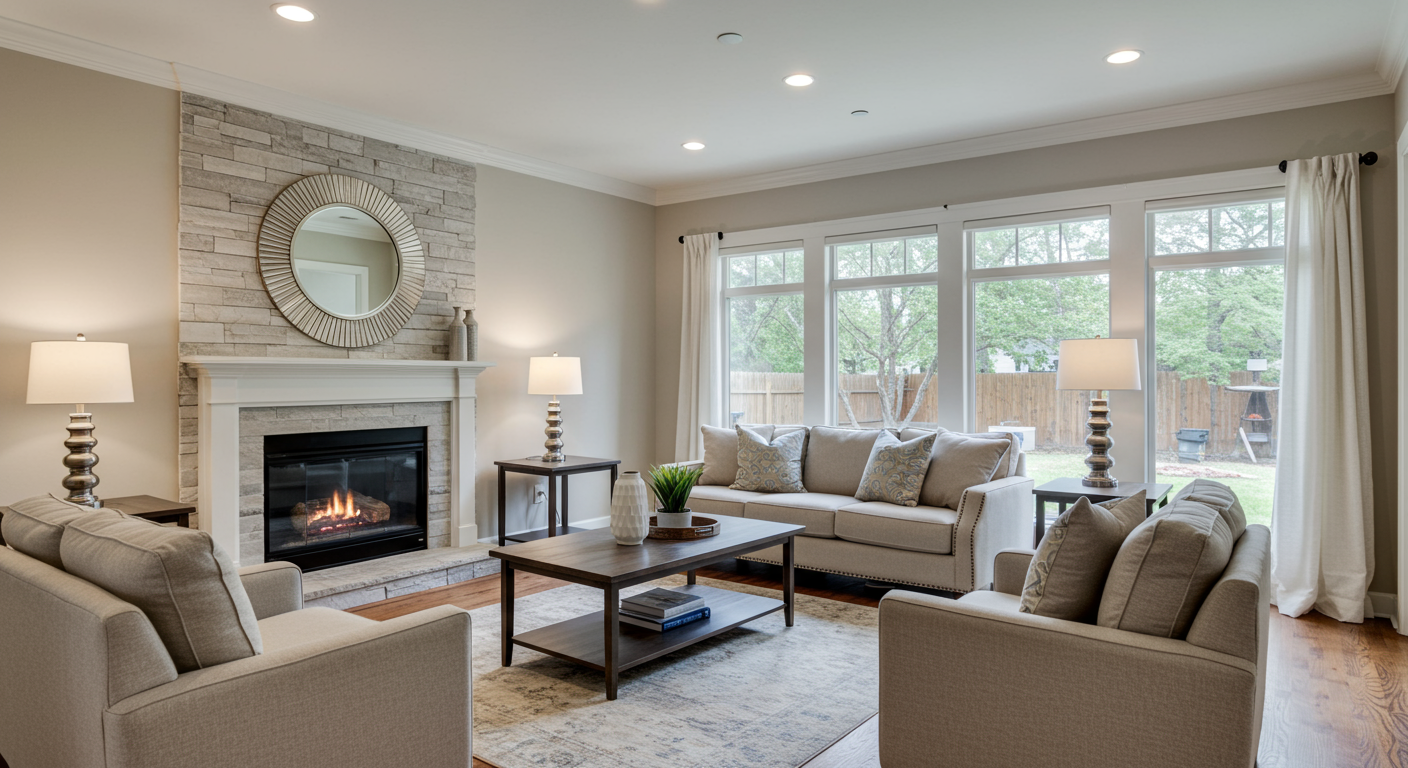 An inviting living room that showcases a complete home remodel, featuring an open floor plan, contemporary furnishings, and tasteful decor. The space is designed for comfort and style, perfect for family gatherings.