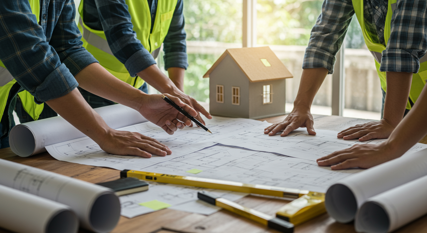 A team of contractors collaborating on a home renovation project, discussing plans over blueprints on a table. The setting is a well-lit workspace, emphasizing teamwork and reliability in delivering quality services.
