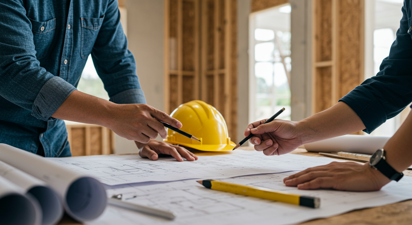 A contractor discussing plans with a homeowner at a construction site, with blueprints spread out on a table. The background features a partially constructed home, emphasizing collaboration and the planning phase of renovation projects.
