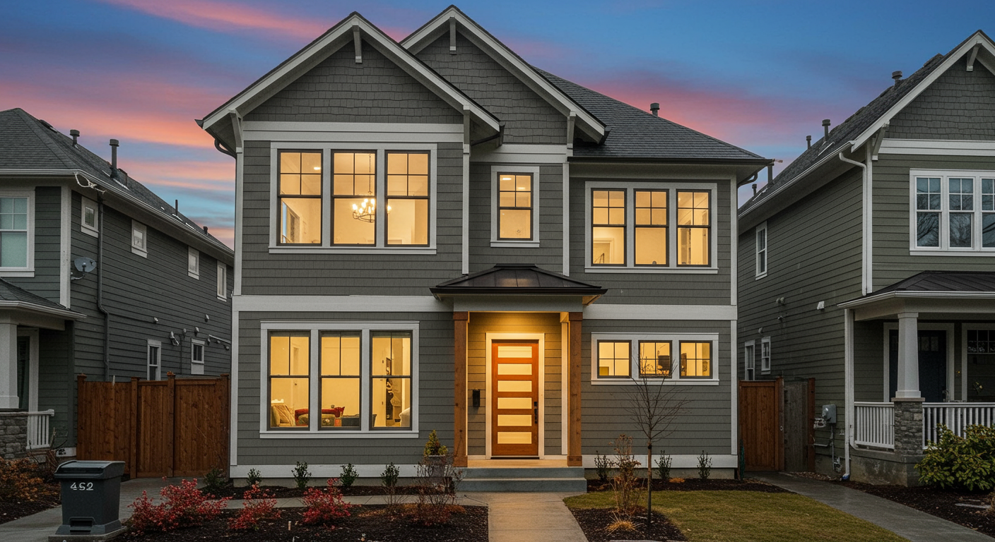 An exterior view of a beautifully remodeled home with a modern facade, showcasing a blend of traditional and contemporary architectural styles common in Portland.
