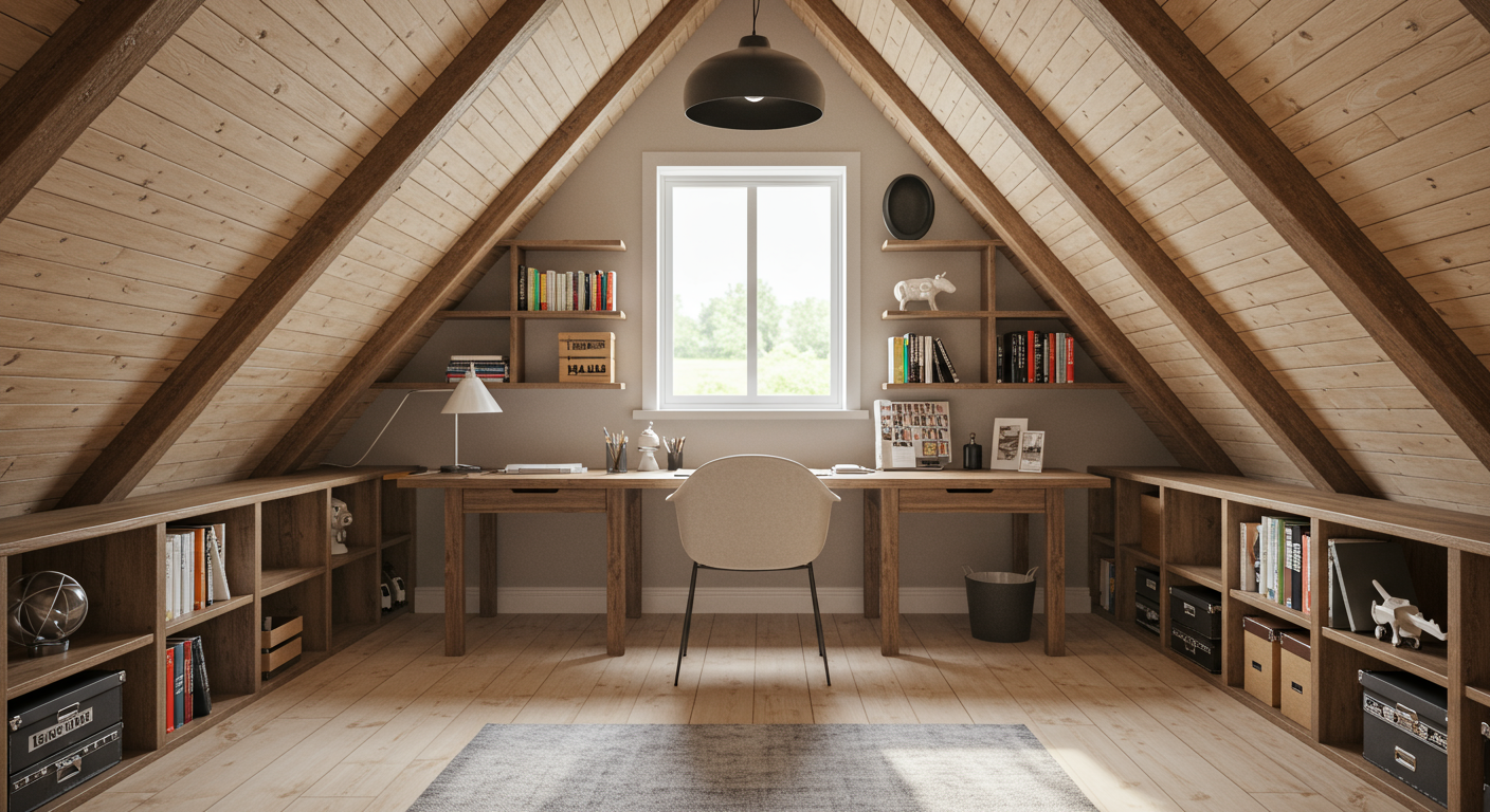 An inviting attic space converted into a functional home office, complete with a desk, bookshelves, and decor. The image illustrates how attics can be transformed into practical living areas.
