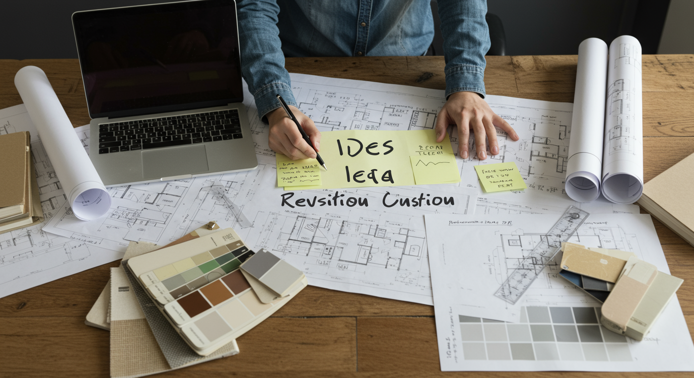 A well-organized workspace featuring a large table with blueprints, a laptop, and renovation materials (like paint samples and fabric swatches). A person is seen brainstorming ideas with a notepad.