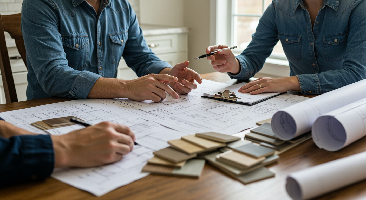 A homeowner discussing renovation plans with a local contractor at a kitchen table, with blueprints and renovation samples spread out, emphasizing collaboration and local expertise.