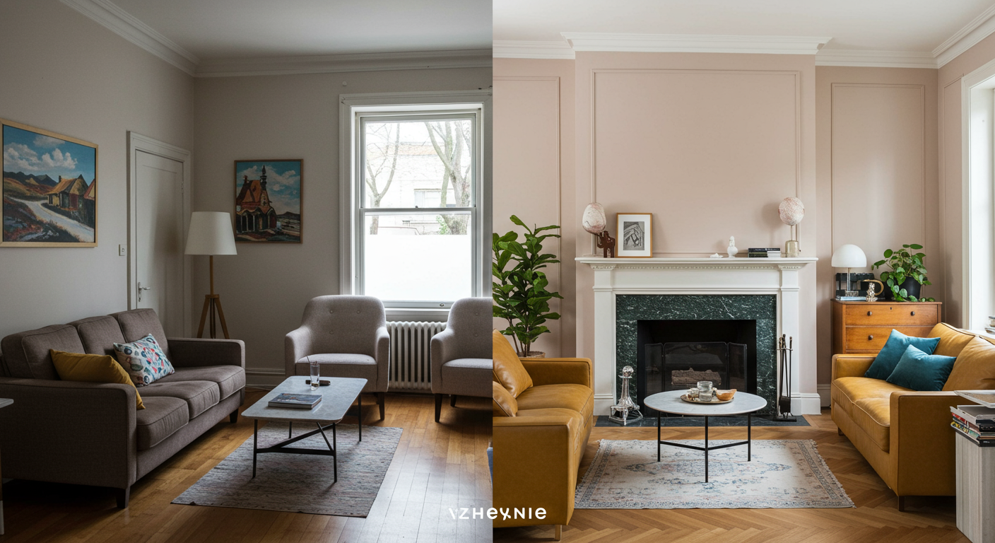 A split image showcasing a living room before and after a full remodel. The 'before' side features outdated decor and furniture, while the 'after' side displays a modern, stylish space with new furnishings, vibrant colors, and an open layout.