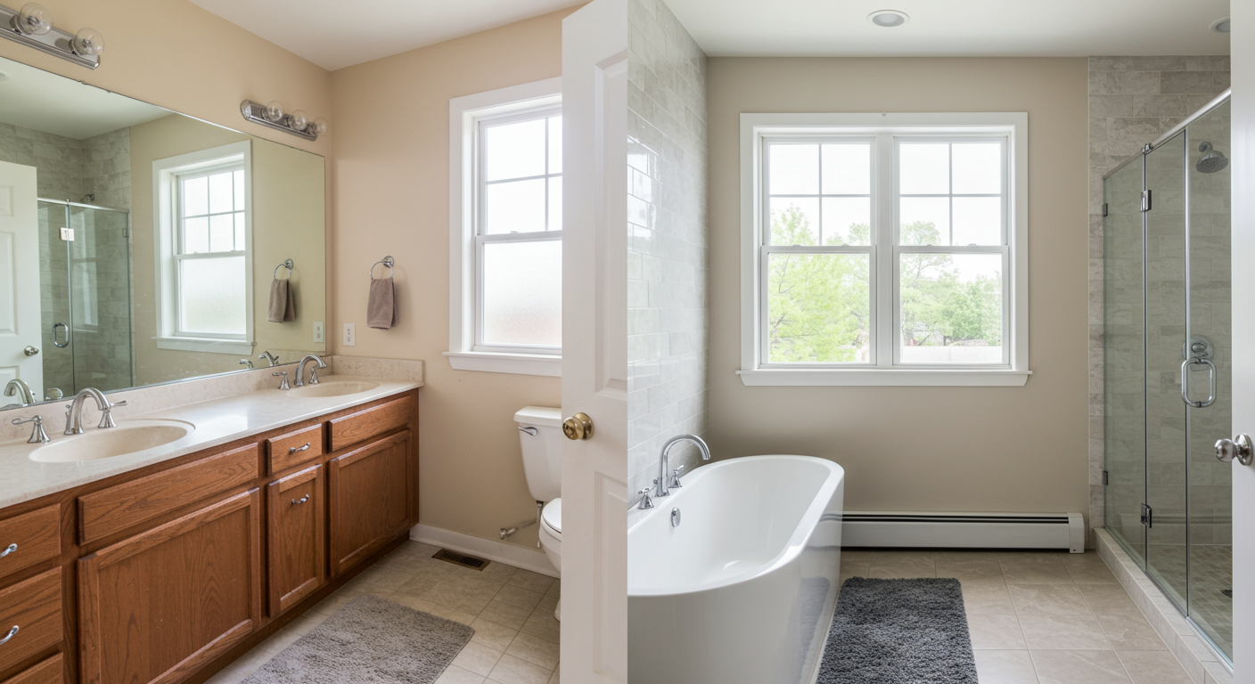 A split image showcasing a before-and-after comparison of a bathroom remodel. The left side shows the outdated bathroom, while the right side reveals the stunning transformation, emphasizing the impact of professional remodeling.
